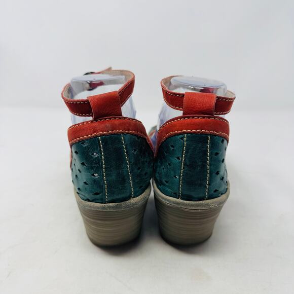 Fly London Ydel Teal and Red Leather Wedge Sandals Size 39 - Picture 6 of 13